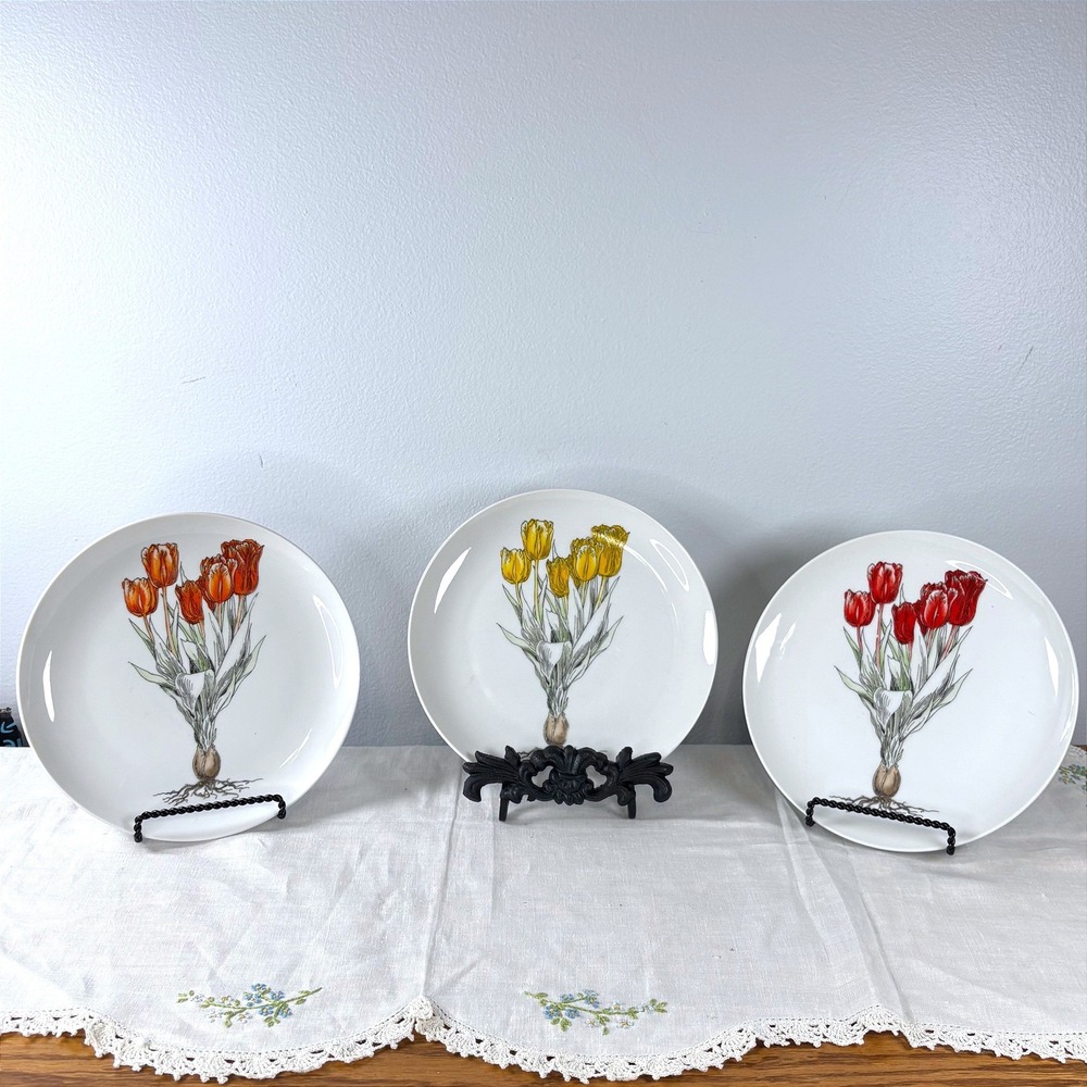 Seymour Mann Fine China Tulip‎ Botanical Salad Plates Set of 3 Red Yellow Orange